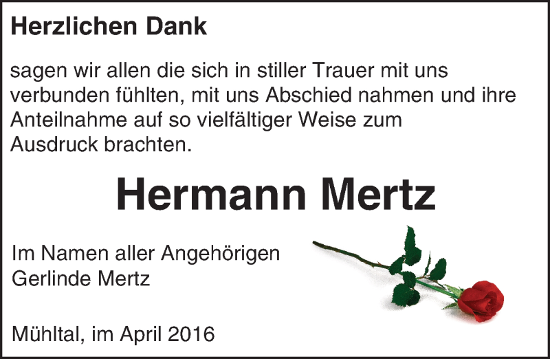  Traueranzeige für Hermann Mertz vom 23.04.2016 aus trauer.echo-online.de