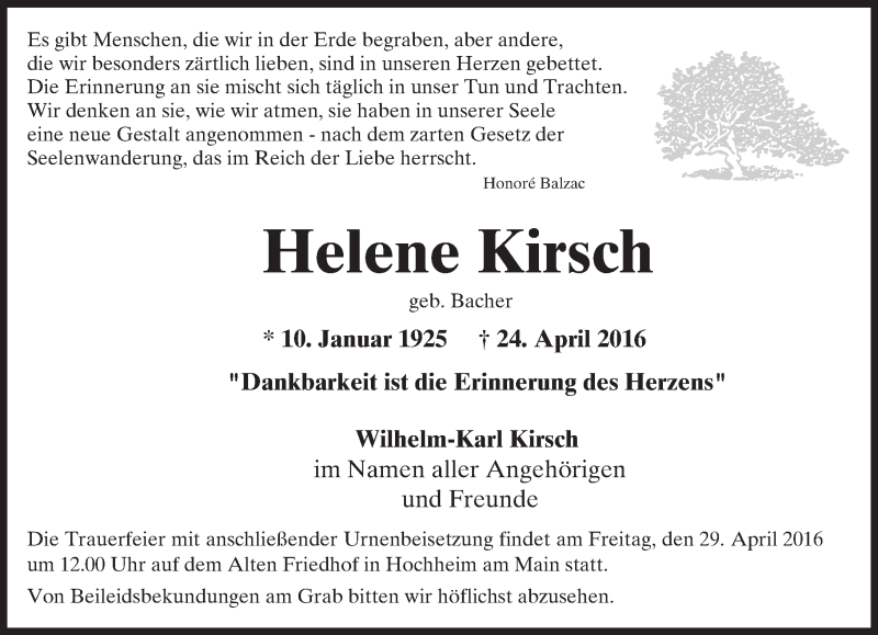  Traueranzeige für Helene Kirsch vom 29.04.2016 aus  Hochheimer Zeitung