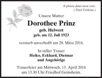 Traueranzeige von Dorothee Prinz von trauer.echo-online.de