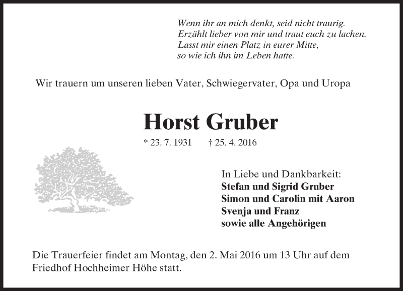  Traueranzeige für Horst Gruber vom 29.04.2016 aus  Wormser Zeitung