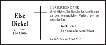 Traueranzeige von Else Dickel von  Kreisanzeiger