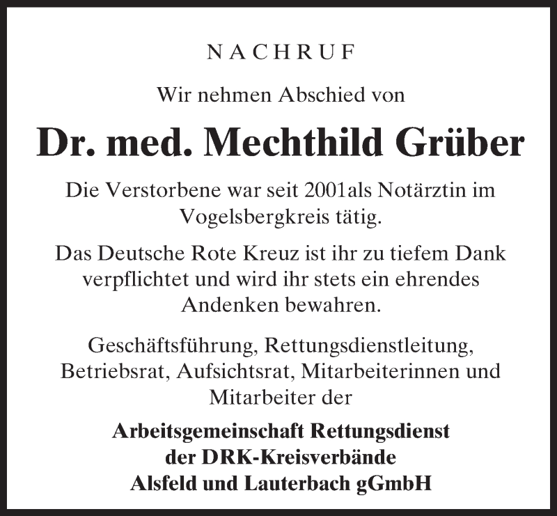  Traueranzeige für Mechthild Grüber vom 30.04.2016 aus VRM Trauer
