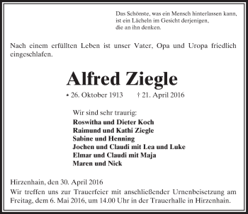 Traueranzeige von Alfred Ziegle von  Kreisanzeiger
