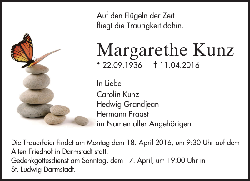  Traueranzeige für Margarethe Kunz vom 16.04.2016 aus trauer.echo-online.de