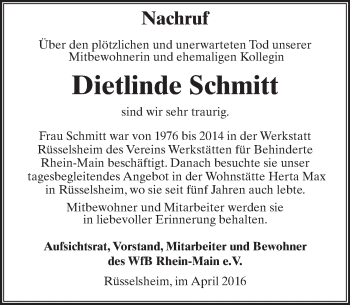 Traueranzeige von Dietlinde Schmitt von  Mainspitze
