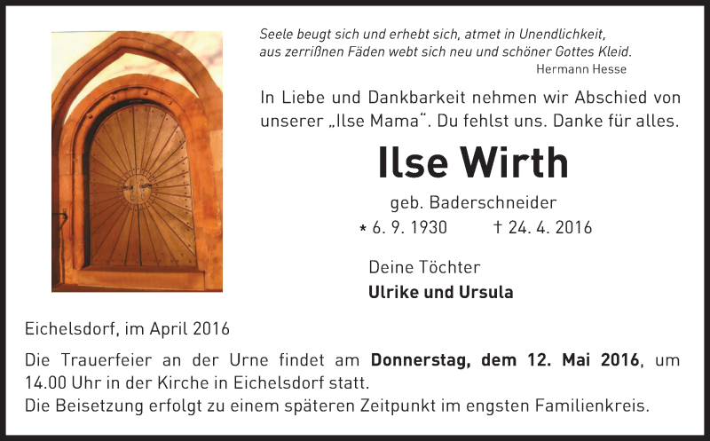  Traueranzeige für Ilse Wirth vom 30.04.2016 aus  Kreisanzeiger