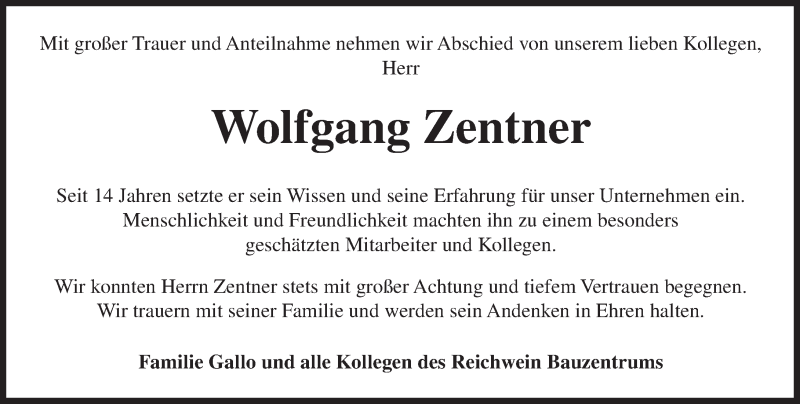  Traueranzeige für Wolfgang Zentner vom 27.04.2016 aus  Wiesbaden komplett