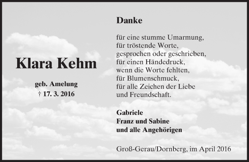  Traueranzeige für Klara Kehm vom 13.04.2016 aus trauer.echo-online.de