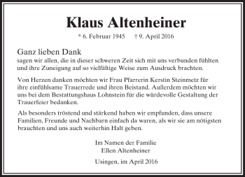 Traueranzeige von Klaus Altenheiner von  Usinger Anzeiger