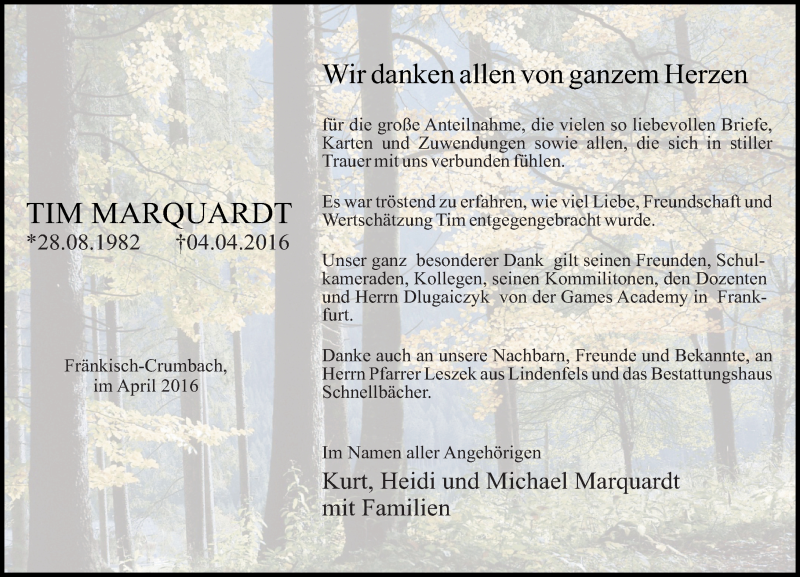  Traueranzeige für Tim Marquardt vom 30.04.2016 aus Trauerportal Echo Online