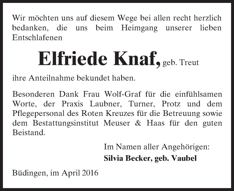  Traueranzeige für Elfriede Knaf vom 30.04.2016 aus  Kreisanzeiger