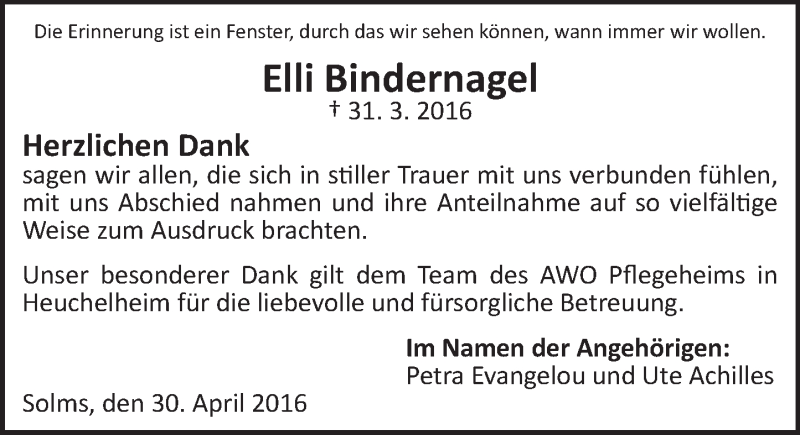  Traueranzeige für Elli Bindernagel vom 27.04.2016 aus  Gießener Anzeiger