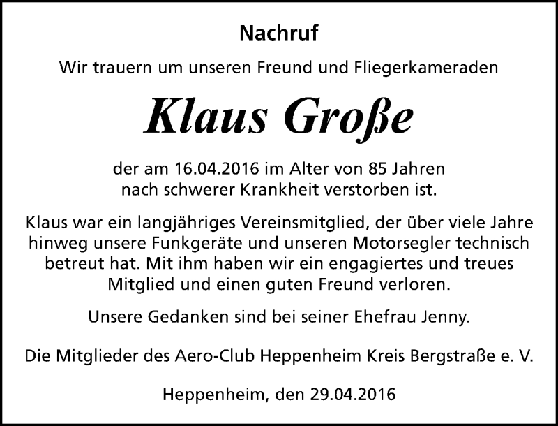  Traueranzeige für Klaus Große vom 30.04.2016 aus Trauerportal Echo Online