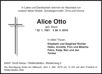 Traueranzeige von Alice Otto von Trauerportal Echo Online