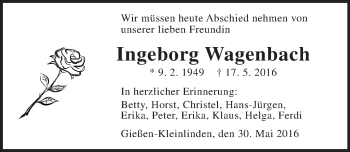Traueranzeige von Ingeborg Wagenbach von  Gießener Anzeiger