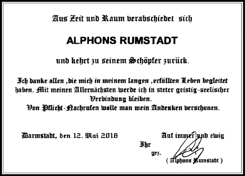  Traueranzeige für Alphons Rumstadt vom 18.05.2016 aus Trauerportal Echo Online