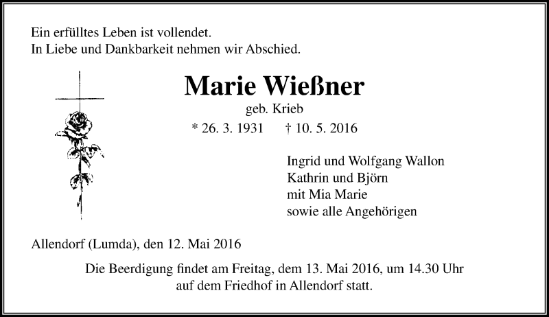  Traueranzeige für Marie Wießner vom 12.05.2016 aus  Gießener Anzeiger