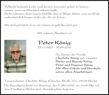 Traueranzeige von Peter König von Trauerportal Echo Online