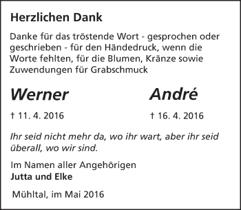 Traueranzeige von Werner und André  von Trauerportal Echo Online