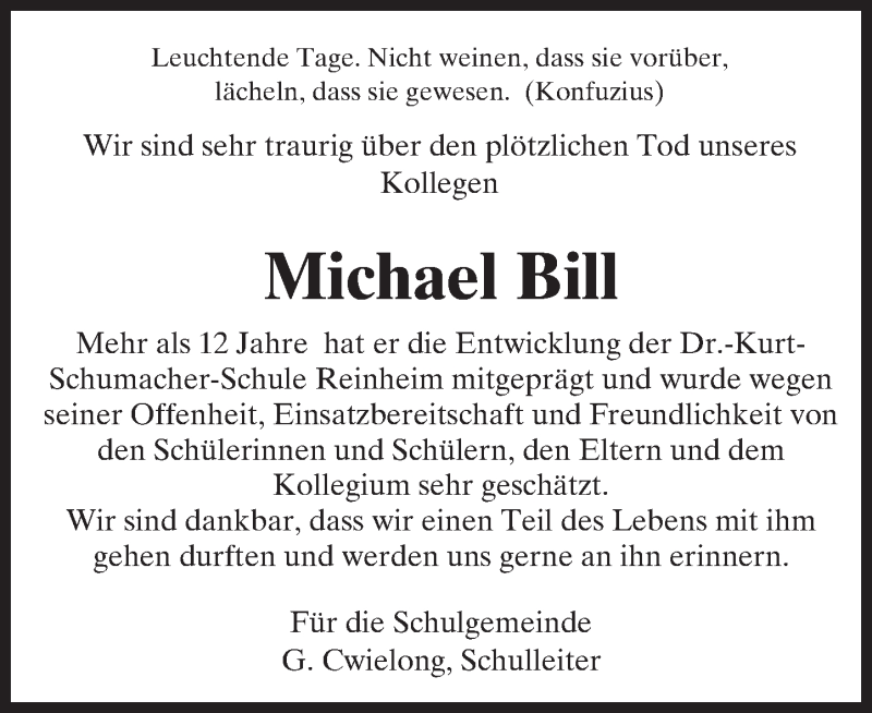  Traueranzeige für Michael Bill vom 10.05.2016 aus Trauerportal Echo Online