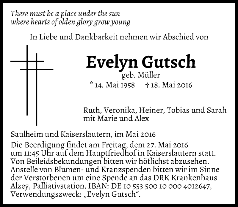  Traueranzeige für Evelyn Gutsch vom 21.05.2016 aus  Allgemeine Zeitung Alzey
