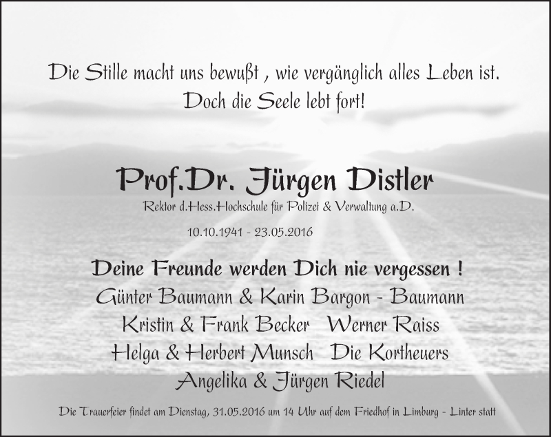  Traueranzeige für Jürgen Distler vom 28.05.2016 aus  Wiesbaden komplett
