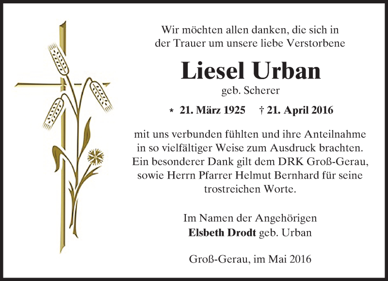  Traueranzeige für Liesel Urban vom 14.05.2016 aus Trauerportal Echo Online
