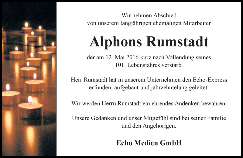  Traueranzeige für Alphons Rumstadt vom 19.05.2016 aus Trauerportal Echo Online