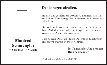 Traueranzeige von Manfred Schmengler von  Hochheimer Zeitung