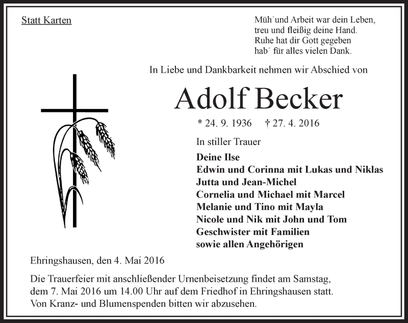 Traueranzeige für Adolf Becker vom 04.05.2016 aus VRM Trauer