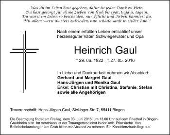 Traueranzeige von Heinrich Gaul von  Allgemeine  Zeitung Ingelheim-Bingen