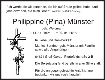 Traueranzeige von Philippine Münster von Trauerportal Echo Online