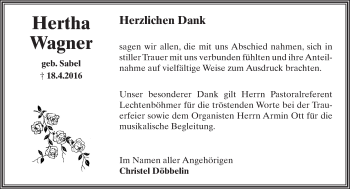 Traueranzeige von Hertha Wagner von  Wiesbaden komplett