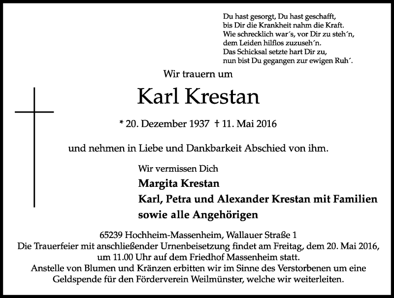  Traueranzeige für Karl Krestan vom 17.05.2016 aus  Wiesbaden komplett