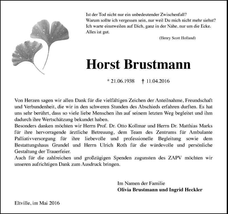  Traueranzeige für Horst Brustmann vom 21.05.2016 aus  Wiesbaden komplett