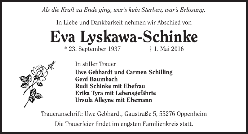  Traueranzeige für Eva Lyskawa-Schinke vom 07.05.2016 aus Trauerportal Echo Online