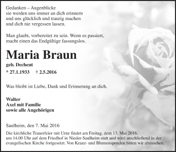 Traueranzeige von Maria Braun von  Allgemeine Zeitung Alzey