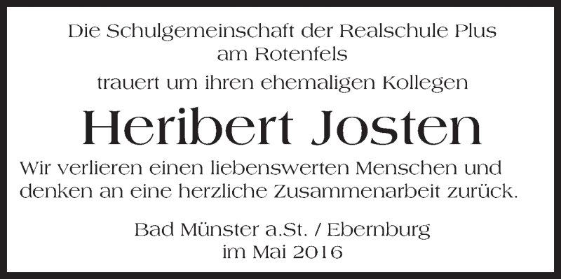  Traueranzeige für Heribert Josten vom 11.05.2016 aus  Allg. Zeitung Bad Kreuznach