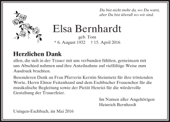 Traueranzeige von Elsa Bernhardt von  Usinger Anzeiger