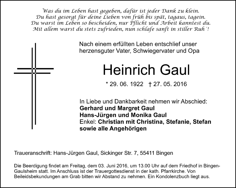  Traueranzeige für Heinrich Gaul vom 31.05.2016 aus  Allgemeine  Zeitung Ingelheim-Bingen