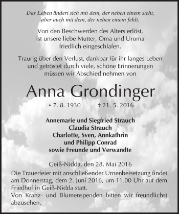 Traueranzeige von Anna Grondinger von  Kreisanzeiger
