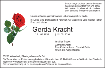 Traueranzeige von Gerda Kracht von  Allgemeine Zeitung Alzey