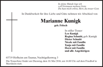 Traueranzeige von Marianne Kunigk von  Hofheimer Zeitung