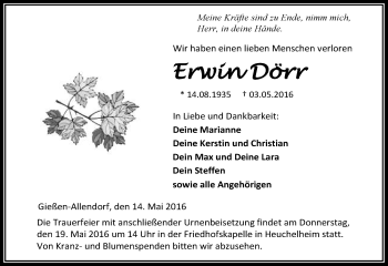 Traueranzeige von Erwin Dörr von  Gießener Anzeiger