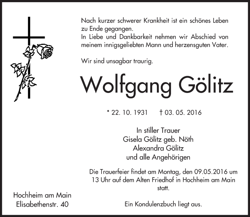  Traueranzeige für Wolfgang Gölitz vom 06.05.2016 aus  Hochheimer Zeitung