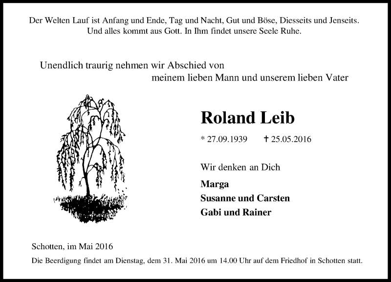  Traueranzeige für Roland Leib vom 28.05.2016 aus  Kreisanzeiger