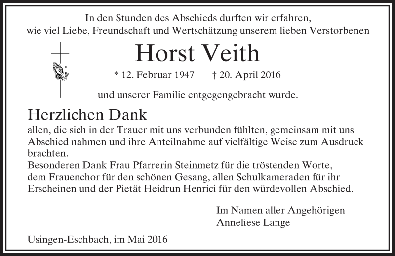  Traueranzeige für Horst Veith vom 14.05.2016 aus  Usinger Anzeiger