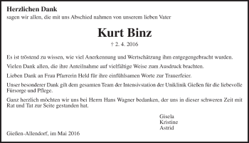 Traueranzeige von Kurt Binz von  Gießener Anzeiger