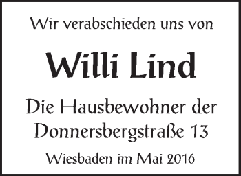 Traueranzeige von Willi Lind von  Wiesbaden komplett
