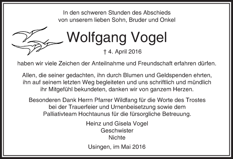  Traueranzeige für Wolfgang Vogel vom 04.05.2016 aus  Usinger Anzeiger